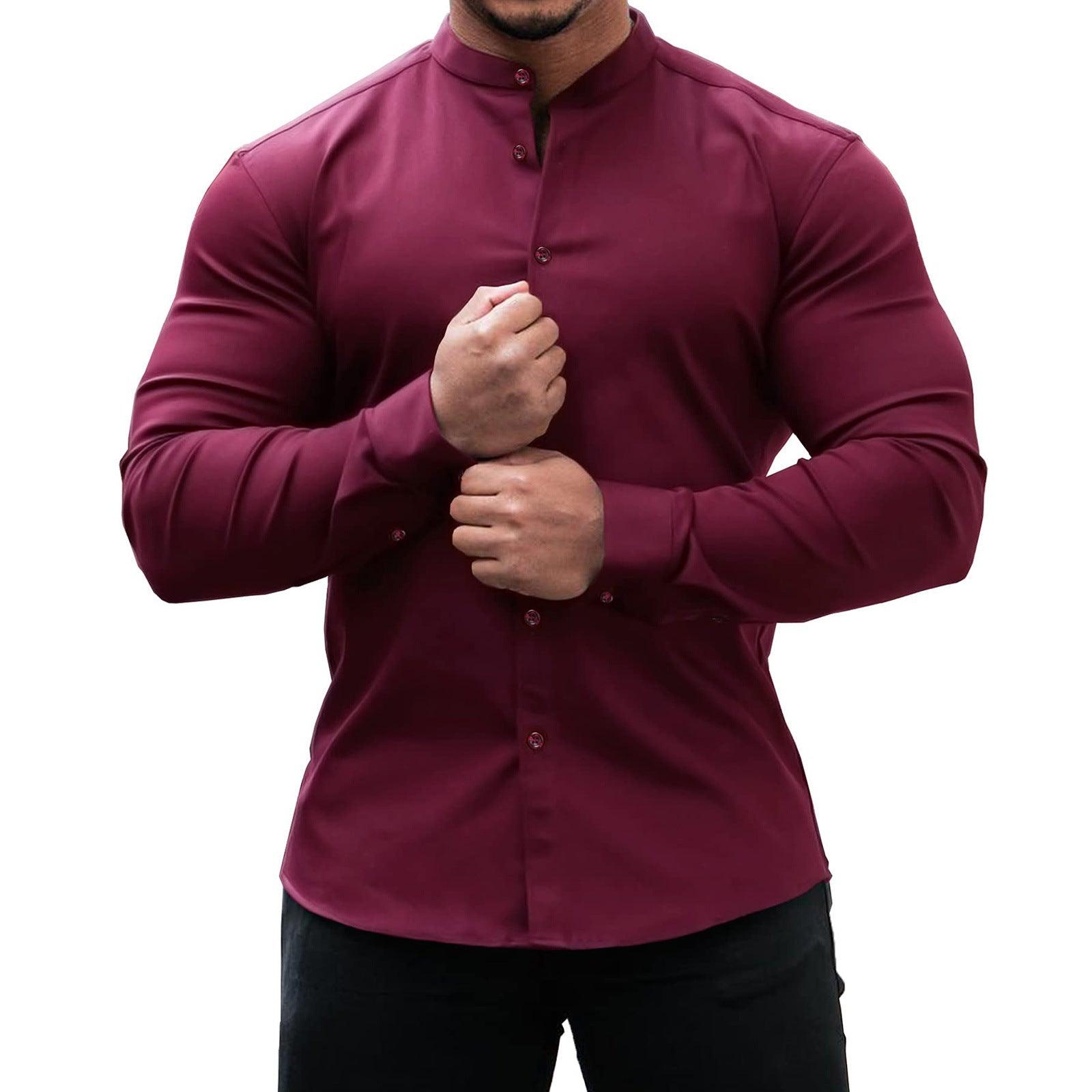 Long Sleeve Shirt Men Casual Button Down Slim Tops Solid Color Casual Mens Clothing - AL MONI EXPRESS