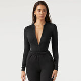 Long Sleeve Zipper Jumpsuit Fashion V-Neck Slim Fit Knitted Corset Body Shaper Clothing For Dress Sports Yoga Romper - AL MONI EXPRESS