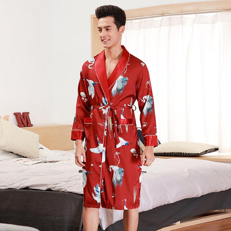 Long-Sleeved Nightgown Men's Bathrobe Silk Homewear - Almoni Express