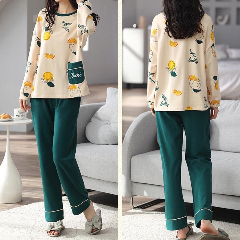 Loose Print Pajamas Women Autumn Winter Pyjama Set Long Sleeves And Trousers Elegant Sleepwear Girl Loungewear Home Clothes - AL MONI EXPRESS