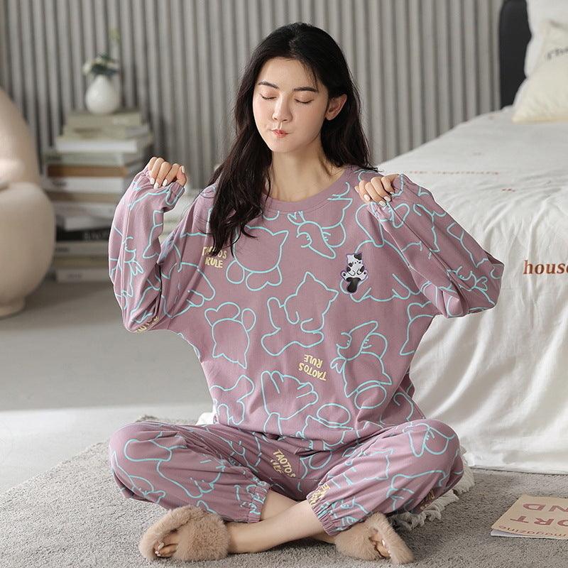 Loose Print Pajamas Women Autumn Winter Pyjama Set Long Sleeves And Trousers Elegant Sleepwear Girl Loungewear Home Clothes - AL MONI EXPRESS