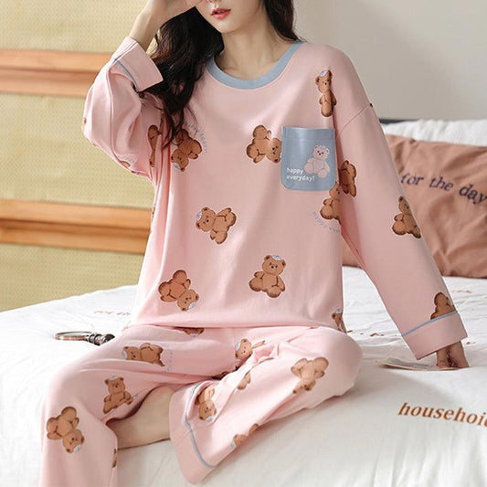 Loose Print Pajamas Women Autumn Winter Pyjama Set Long Sleeves And Trousers Elegant Sleepwear Girl Loungewear Home Clothes - AL MONI EXPRESS