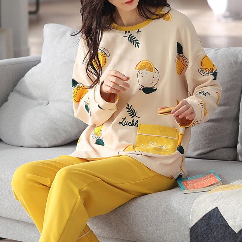 Loose Print Pajamas Women Autumn Winter Pyjama Set Long Sleeves And Trousers Elegant Sleepwear Girl Loungewear Home Clothes - AL MONI EXPRESS