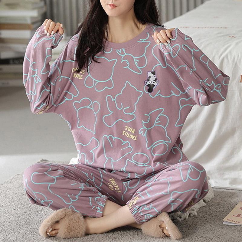 Loose Print Pajamas Women Autumn Winter Pyjama Set Long Sleeves And Trousers Elegant Sleepwear Girl Loungewear Home Clothes - AL MONI EXPRESS