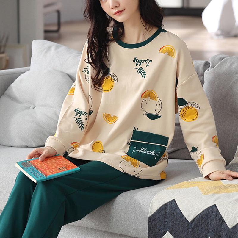 Loose Print Pajamas Women Autumn Winter Pyjama Set Long Sleeves And Trousers Elegant Sleepwear Girl Loungewear Home Clothes - AL MONI EXPRESS