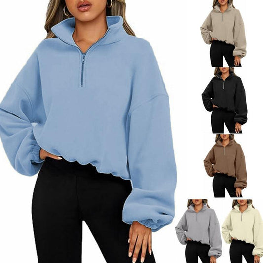 Loose Sport Pullover Hoodie Women Winter Solid Color Zipper Stand Collar Sweatshirt Thick Warm Clothing - AL MONI EXPRESS