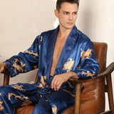 Luxury Silk Robe Pants Pajama Set Two-piece Imitate Silk Long-sleeved Pajamas Large Size Bathrobes Robe Sets For Men Clothing - Almoni Express