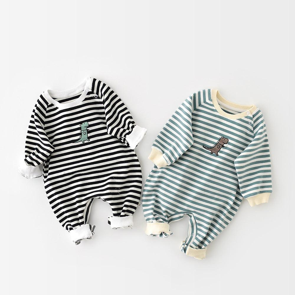 Male And Female Baby Cartoon Striped Dinosaur Embroidery Long-Sleeved Jumpsuit - Almoni Express