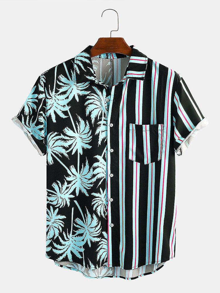 Men Clothing Summer New Men's Coconut Print Striped Stitching Casual Holiday Shirt Short-sleeved Camisas Para Hombre - AL MONI EXPRESS