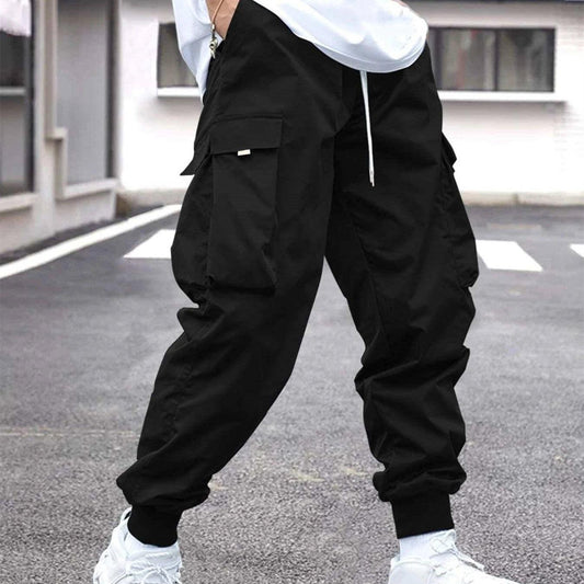 Men Flap Pocket Side Drawstring Waist Cargo Pants - Almoni Express