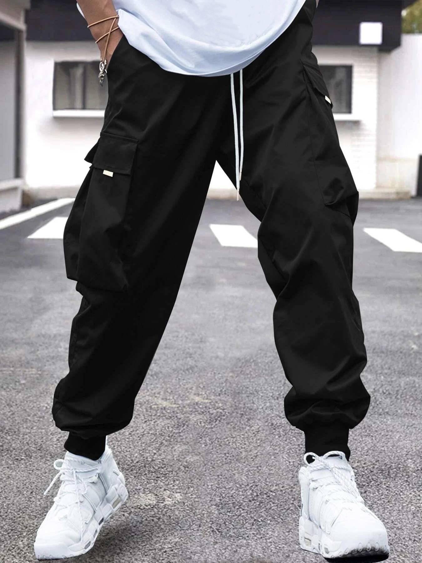 Men Flap Pocket Side Drawstring Waist Cargo Pants - Almoni Express