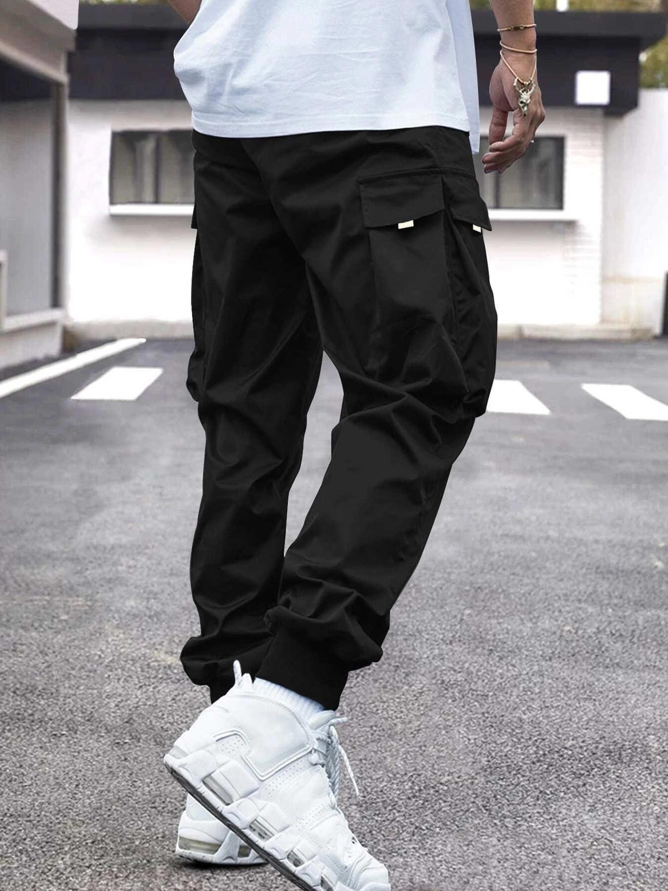 Men Flap Pocket Side Drawstring Waist Cargo Pants - Almoni Express