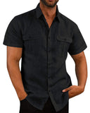 Men's Button Short Sleeve Shirt Summer Casual Double Pocket Wide Collar Beach Shirt Summer - AL MONI EXPRESS