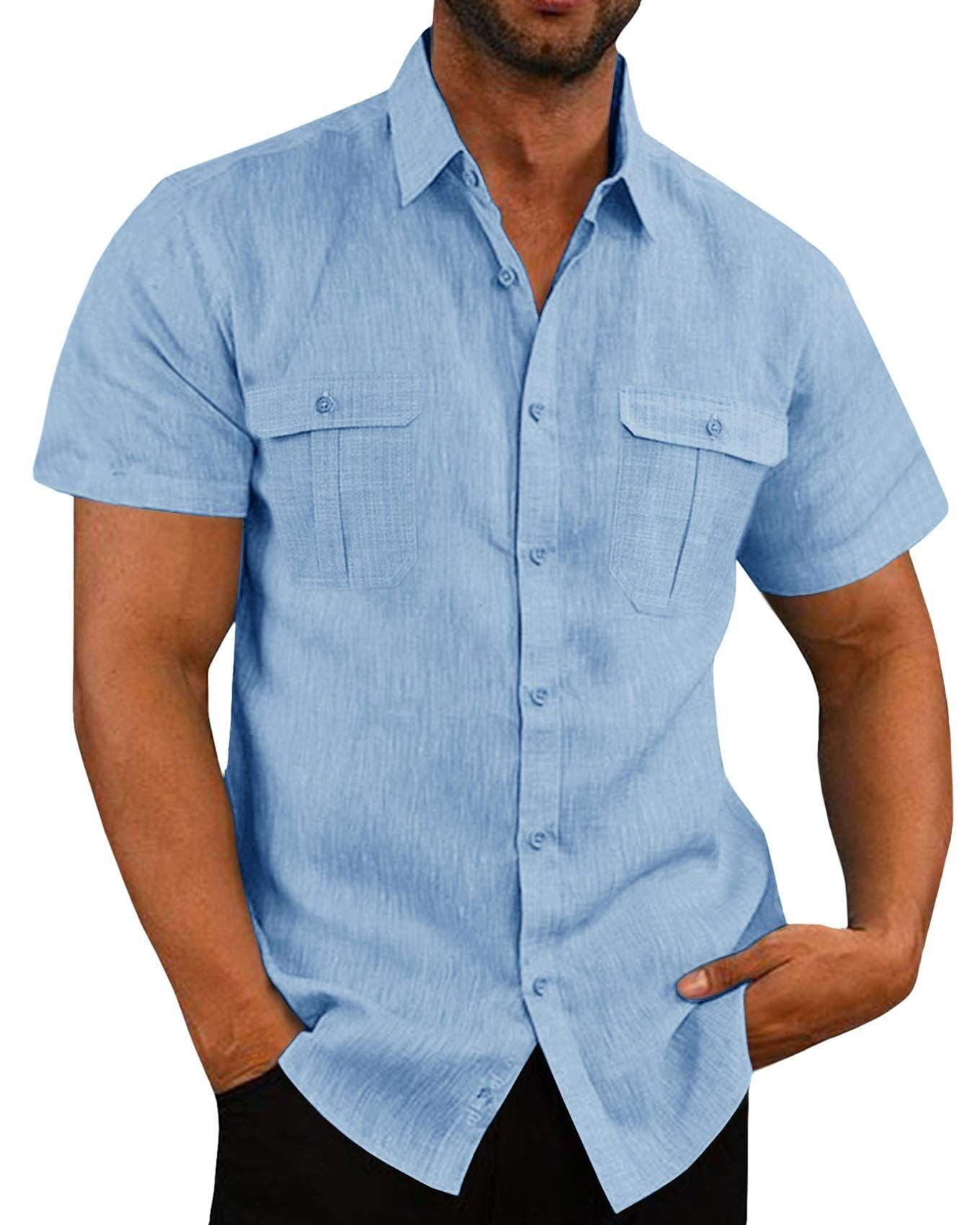 Men's Button Short Sleeve Shirt Summer Casual Double Pocket Wide Collar Beach Shirt Summer - AL MONI EXPRESS