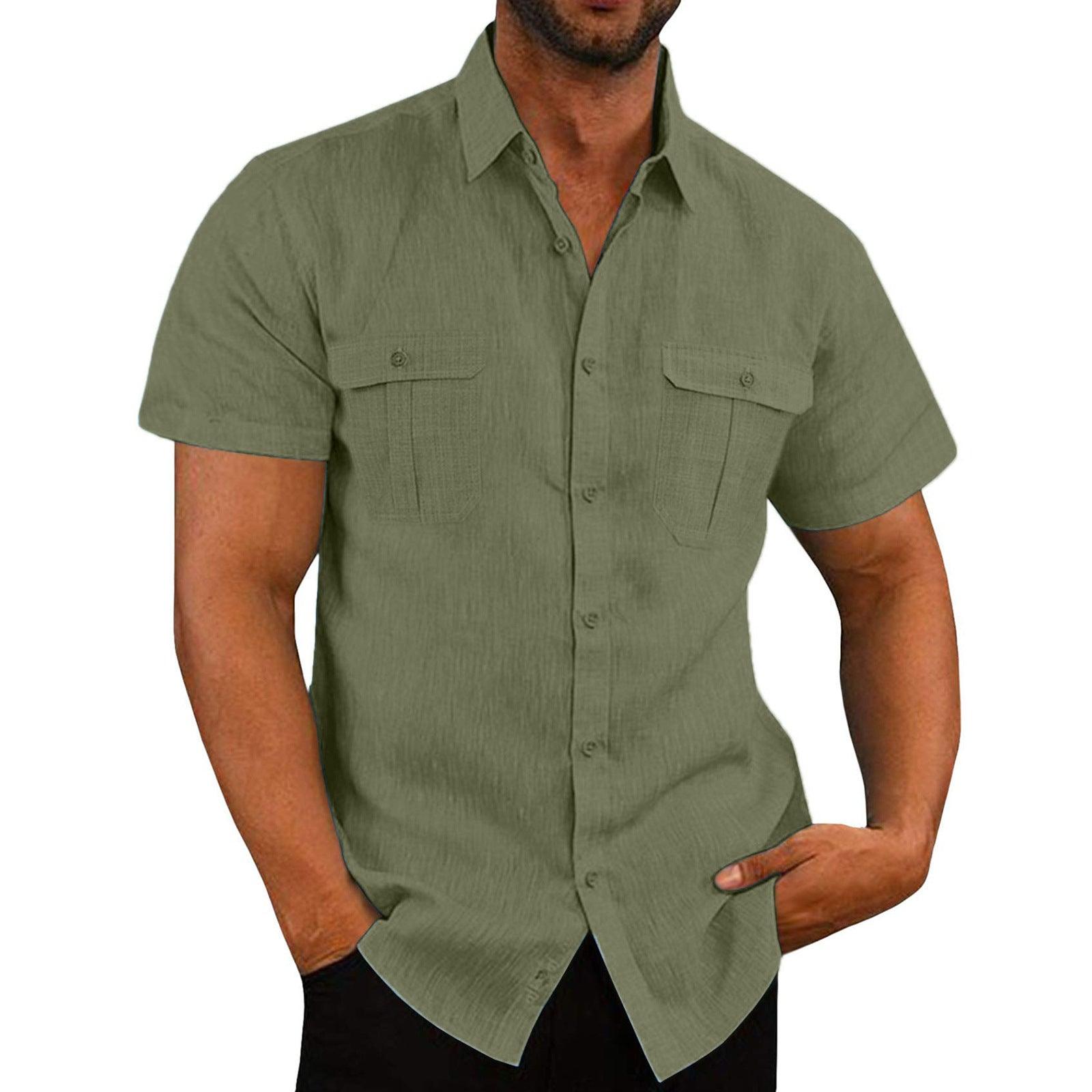 Men's Button Short Sleeve Shirt Summer Casual Double Pocket Wide Collar Beach Shirt Summer - AL MONI EXPRESS