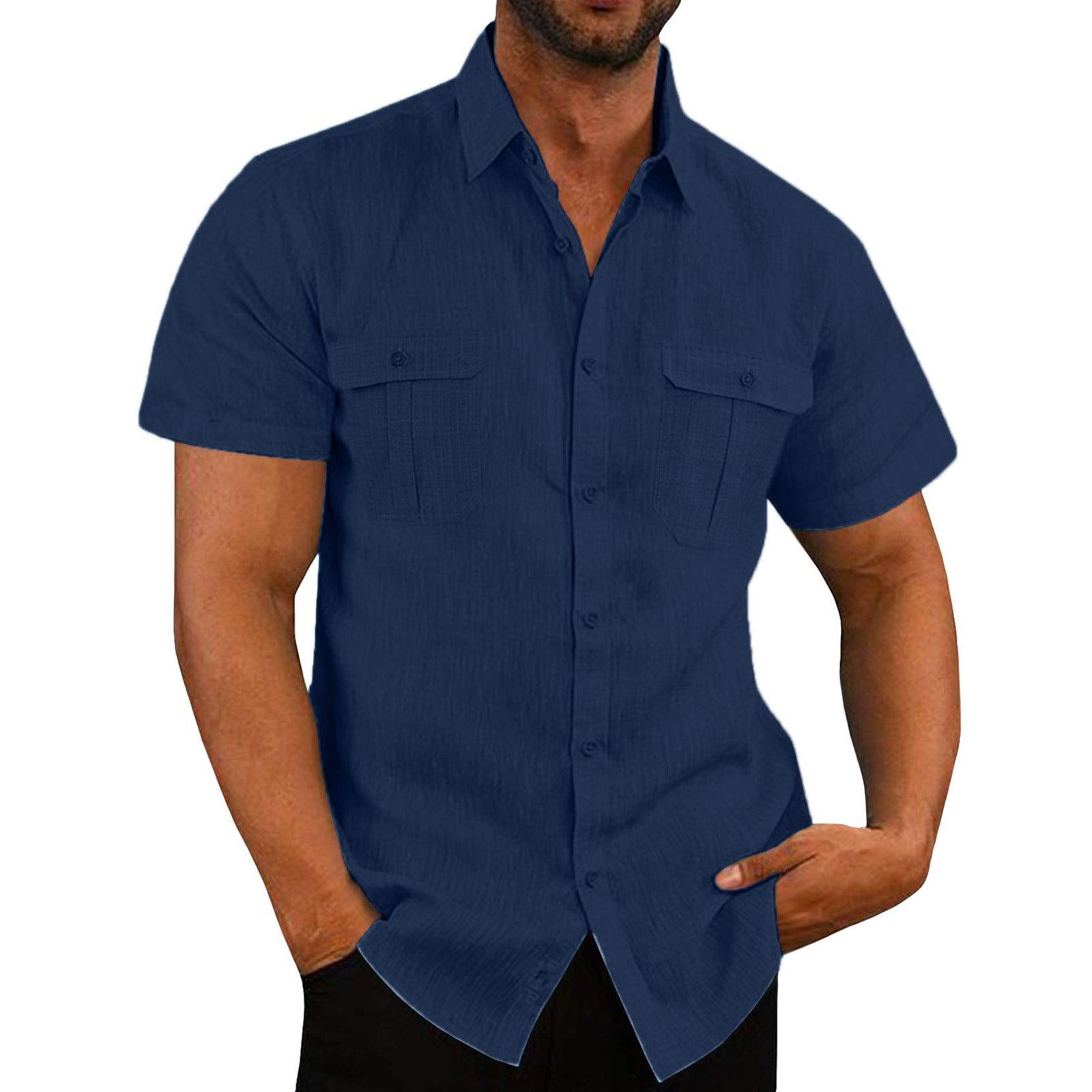 Men's Button Short Sleeve Shirt Summer Casual Double Pocket Wide Collar Beach Shirt Summer - AL MONI EXPRESS