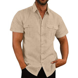 Men's Button Short Sleeve Shirt Summer Casual Double Pocket Wide Collar Beach Shirt Summer - AL MONI EXPRESS