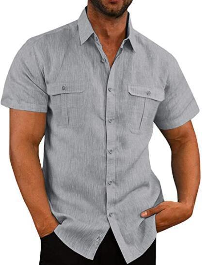 Men's Button Short Sleeve Shirt Summer Casual Double Pocket Wide Collar Beach Shirt Summer - AL MONI EXPRESS