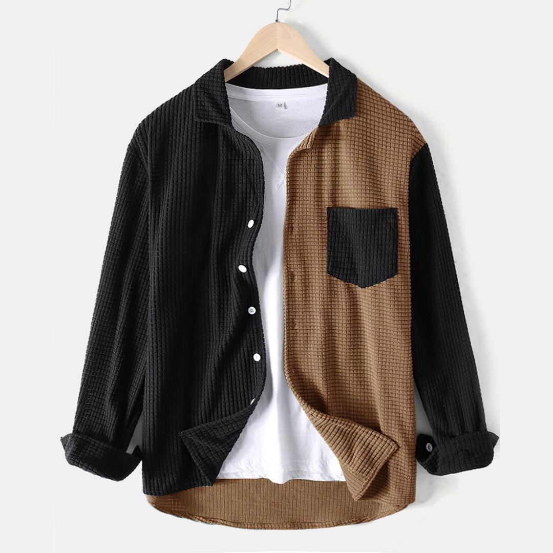 Men's Casual Colorblock Loose Corduroy Long Sleeve Shirt - AL MONI EXPRESS