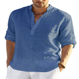 Men's Casual Cotton Linen Solid Color Long Sleeve Shirt Loose Stand Collar - AL MONI EXPRESS