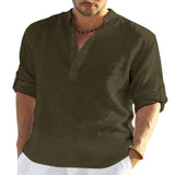 Men's Casual Cotton Linen Solid Color Long Sleeve Shirt Loose Stand Collar - AL MONI EXPRESS