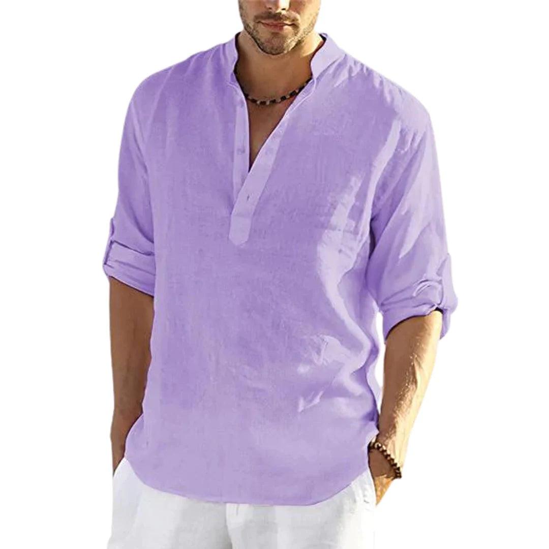 Men's Casual Cotton Linen Solid Color Long Sleeve Shirt Loose Stand Collar - AL MONI EXPRESS