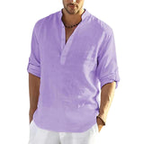 Men's Casual Cotton Linen Solid Color Long Sleeve Shirt Loose Stand Collar - AL MONI EXPRESS