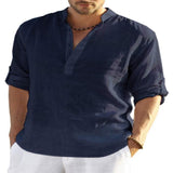 Men's Casual Cotton Linen Solid Color Long Sleeve Shirt Loose Stand Collar - AL MONI EXPRESS