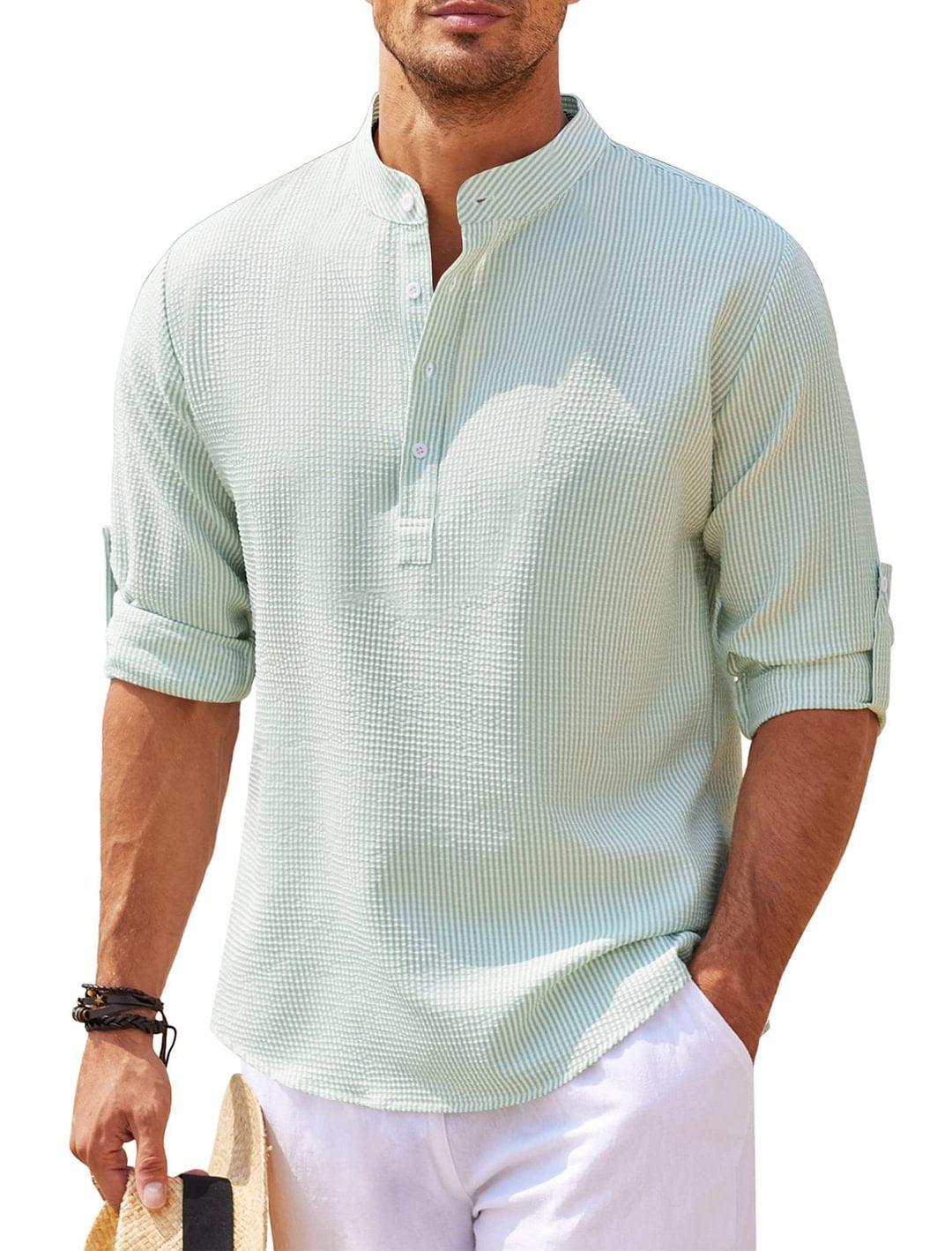 Men's Casual Shirt Long Sleeve Stand Collar Solid Color Shirt Mens Clothing - AL MONI EXPRESS