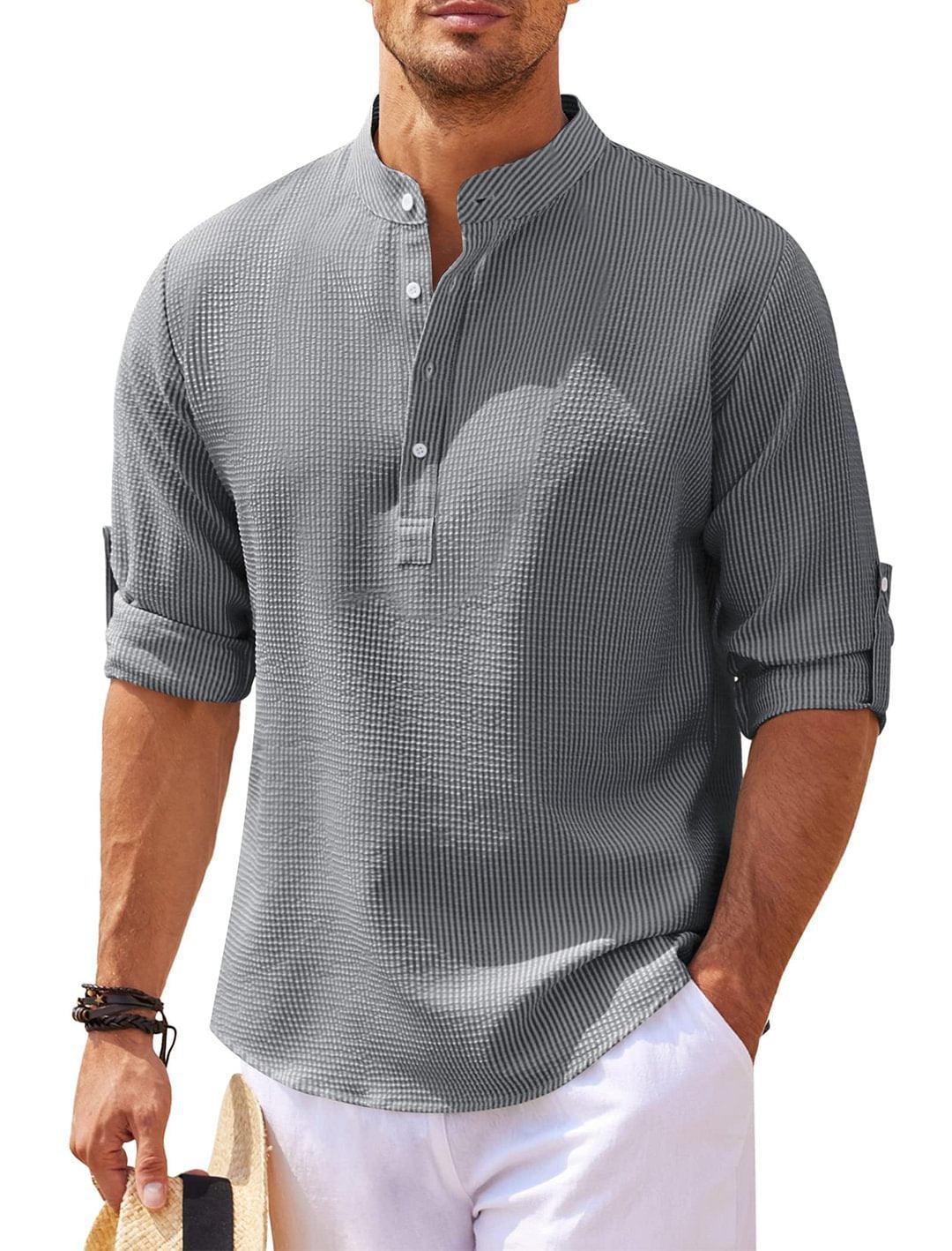 Men's Casual Shirt Long Sleeve Stand Collar Solid Color Shirt Mens Clothing - AL MONI EXPRESS