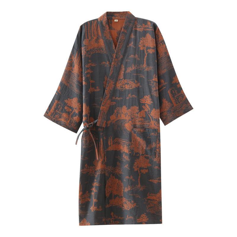 Men's Cotton Gauze Kimono Long Dress Bathrobe - Almoni Express