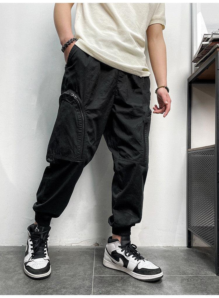 Men's Elastic Waist Zipper Big Pockets Drawstring Sports Cargo Pants - AL MONI EXPRESS