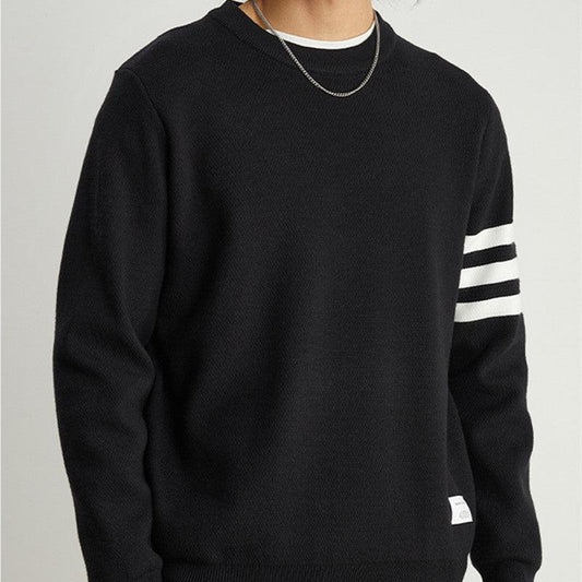 Men's Gray Pullover Striped Round Neck - Almoni Express