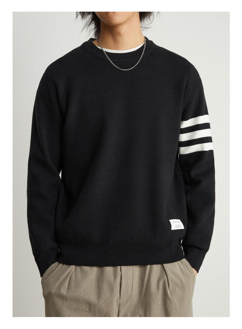 Men's Gray Pullover Striped Round Neck - Almoni Express