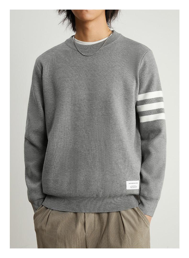 Men's Gray Pullover Striped Round Neck - Almoni Express