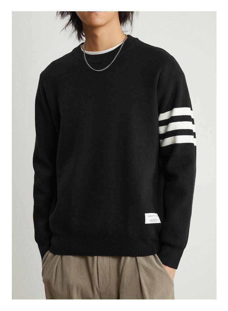 Men's Gray Pullover Striped Round Neck - Almoni Express