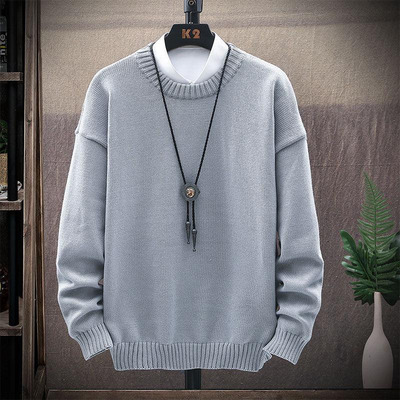 Men's New Casual Round Neck Brown Long-Sleeved Pullover Loose Sweater - Almoni Express