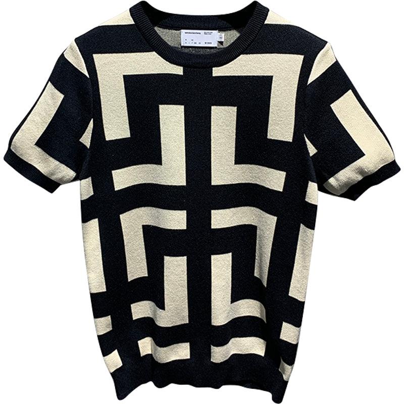 Men's New Fashion Versatile Geometric Jacquard Sweater Half Sleeve Round Neck - AL MONI EXPRESS