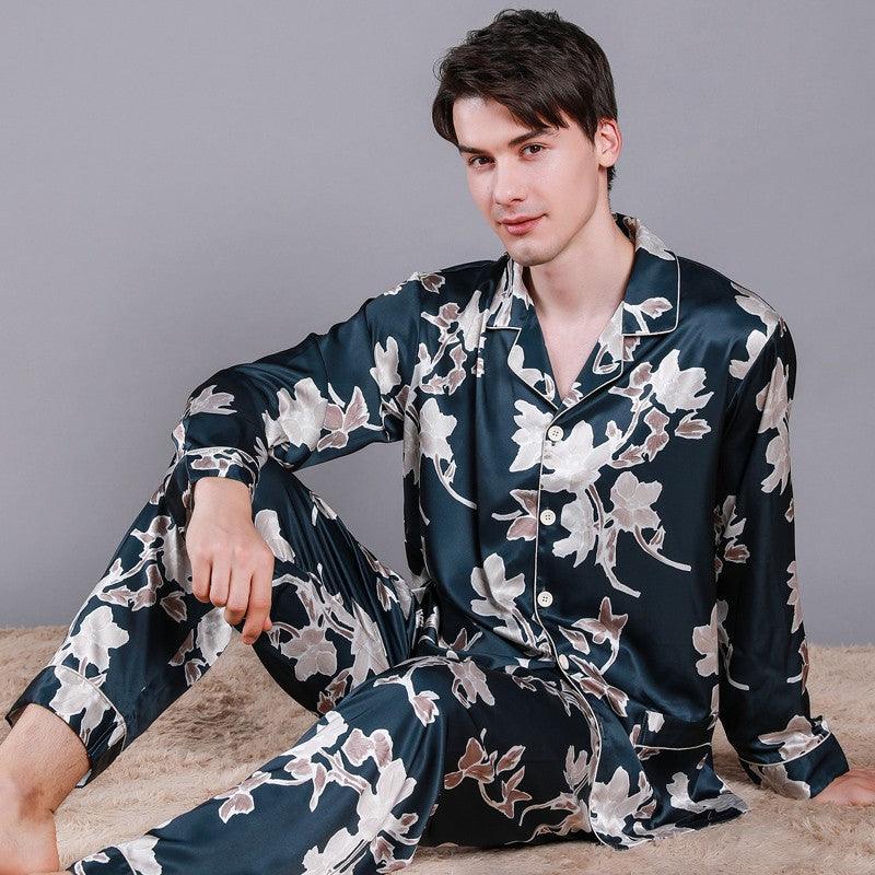 Men's Pajamas Silk Spring Long Sleeve New Print Cardigan Spring And Autumn Leisure Ice Silk Home Wear Suit - AL MONI EXPRESS