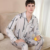 Men's Pajamas Silk Spring Long Sleeve New Print Cardigan Spring And Autumn Leisure Ice Silk Home Wear Suit - AL MONI EXPRESS