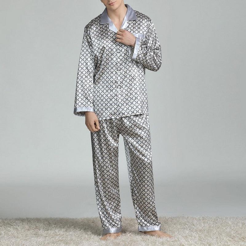 Men's Printed Silk Pajamas Spring And Summer Long-Sleeved Suit - Almoni Express