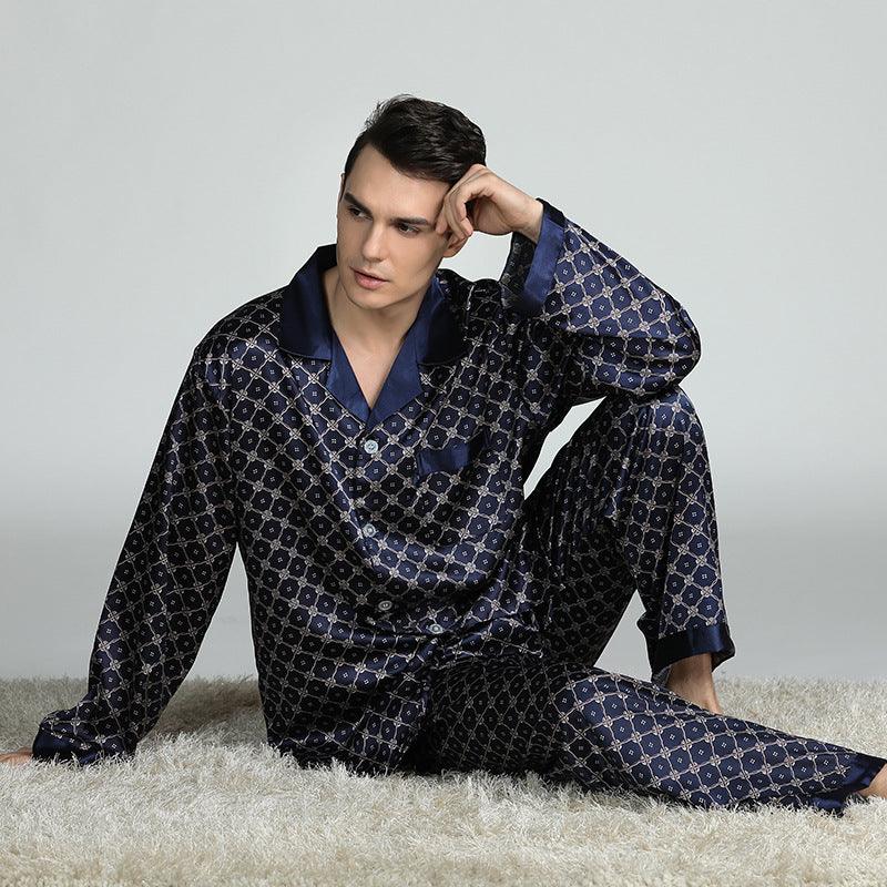 Men's Printed Silk Pajamas Spring And Summer Long-Sleeved Suit - Almoni Express