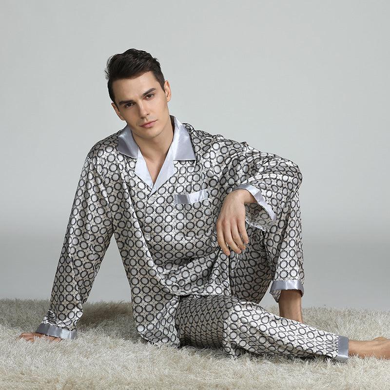 Men's Printed Silk Pajamas Spring And Summer Long-Sleeved Suit - Almoni Express