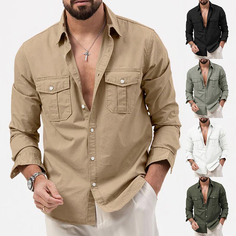 Men's Shirt Multi-pocket Solid Color Casual Long Sleeves Top - AL MONI EXPRESS