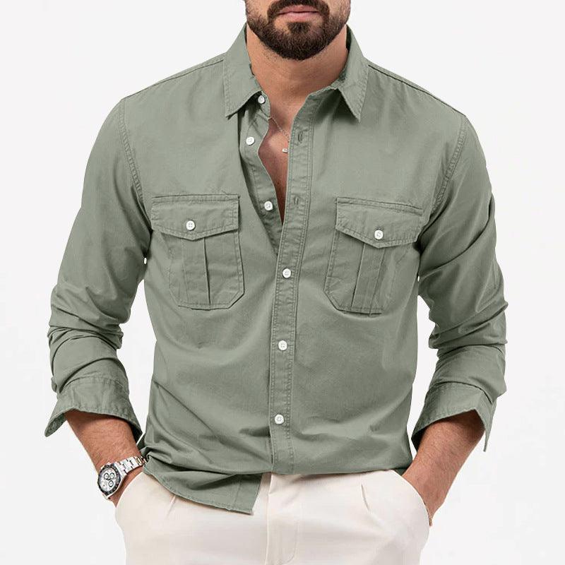 Men's Shirt Multi-pocket Solid Color Casual Long Sleeves Top - AL MONI EXPRESS