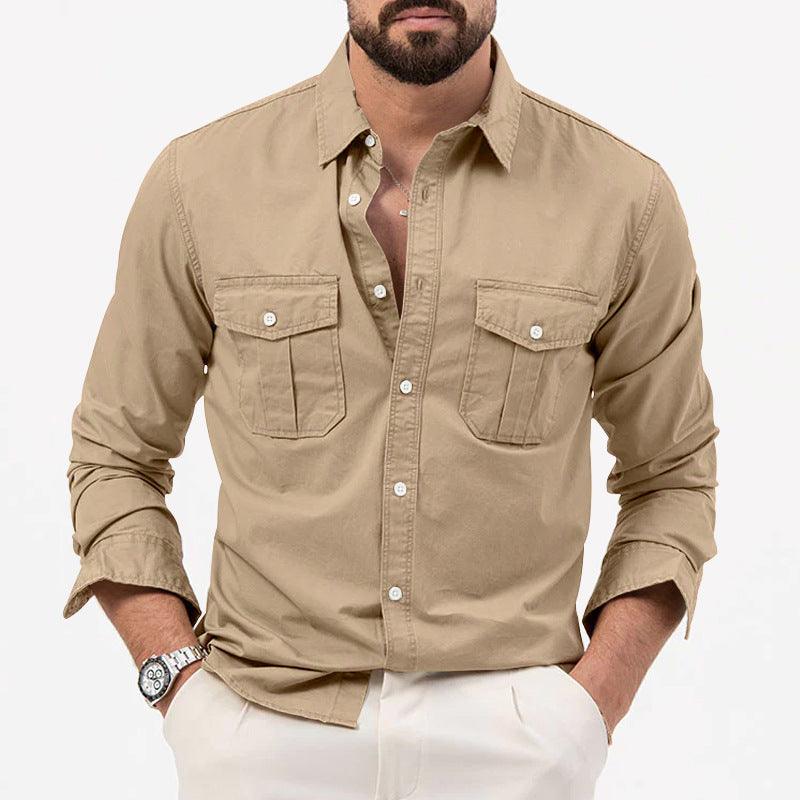 Men's Shirt Multi-pocket Solid Color Casual Long Sleeves Top - AL MONI EXPRESS