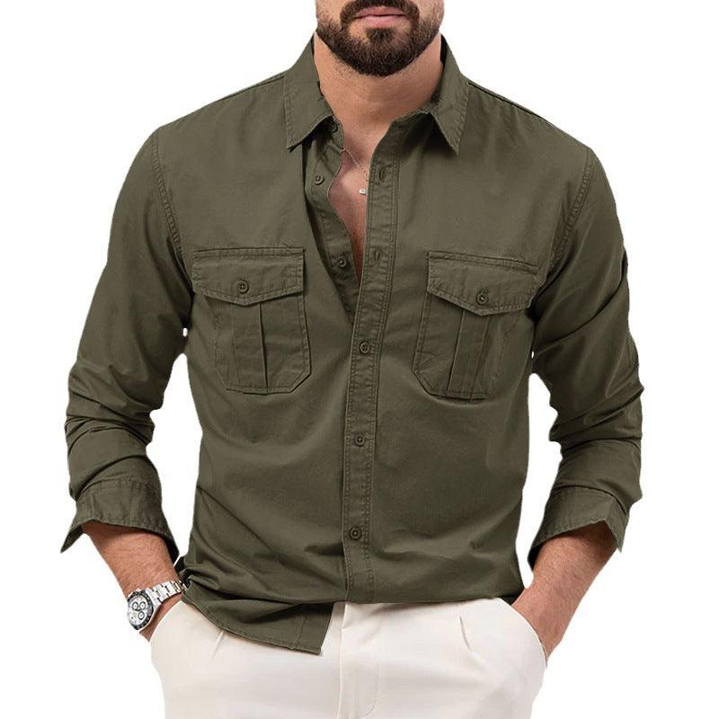 Men's Shirt Multi-pocket Solid Color Casual Long Sleeves Top - AL MONI EXPRESS