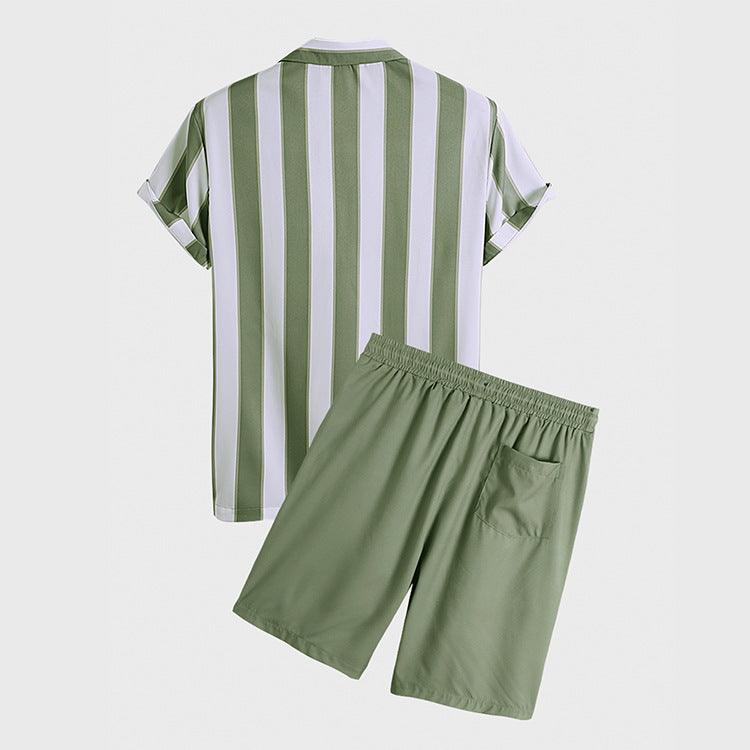 Men's Short Sleeve Flower Striped Shirt Shorts Two Piece Set - AL MONI EXPRESS