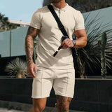 Men's Short Sleeve Shorts Casual Suit Summer Waffle Solid Color Casual Loose Lapels T-shirt Suit Men - AL MONI EXPRESS