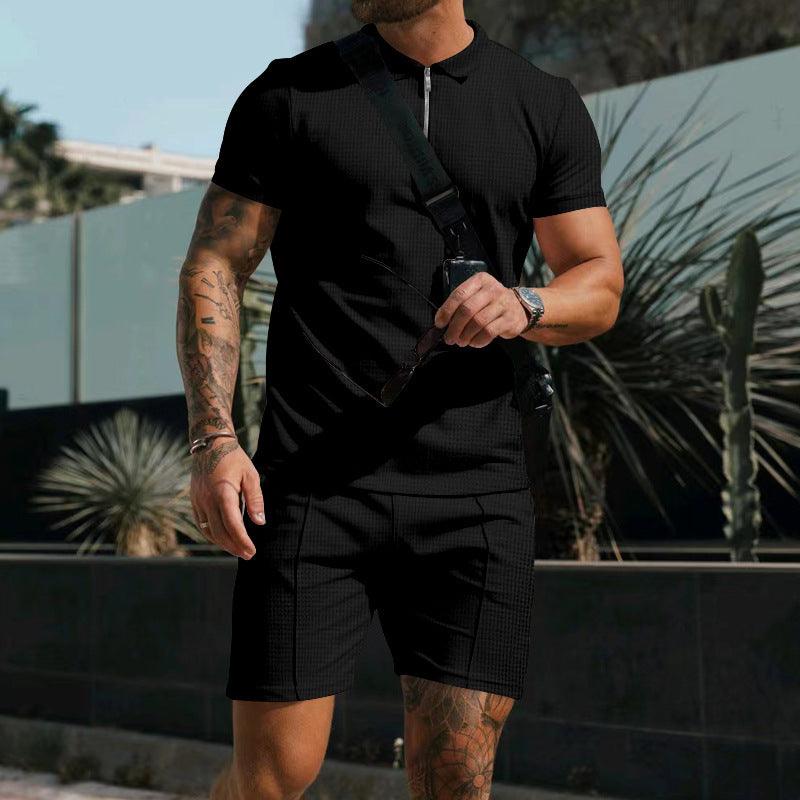 Men's Short Sleeve Shorts Casual Suit Summer Waffle Solid Color Casual Loose Lapels T-shirt Suit Men - AL MONI EXPRESS